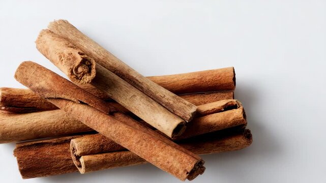Cinnamon Sticks Pile Stacked on White Backdrop Rustic Brown Tone Spices Culinary Ingredient Aromatic Cooking Flavoring for Recipes and Desserts