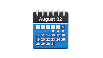 Calendar Showing August 02 Isolated on White