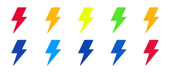 グラデーションカラーの稲妻アイコンセット、多様なエネルギー表現
