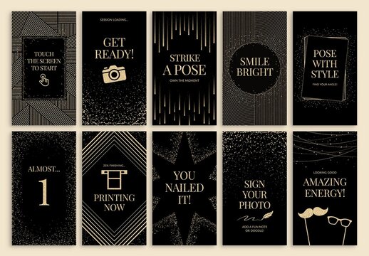 Social Media Vertical Banner Photo Booth Screen in Black & Gold Party