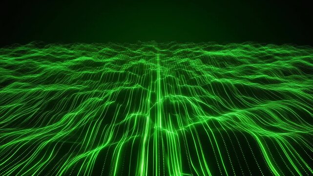 &ldquo;Digital green grid wave pattern glowing on dark background forming dynamic undulating surface like energy field&rdquo;