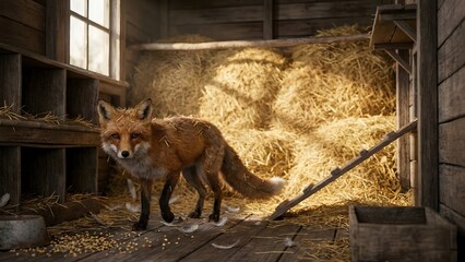 Red Fox Standing in Barn with Hay.
