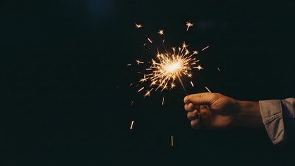 Hand Holding Sparkler at Night Time.