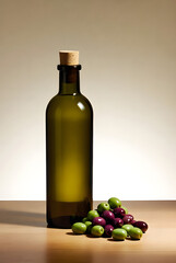 bottle of olive oil and olives healthy food concept