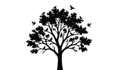 Black silhouette tree with flying birds illustration