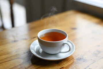 cup of tea on the woden table