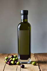 bottle of olive oil and olives healthy food concept