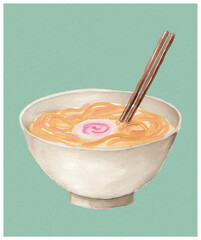 Bowl of Ramen with Narutomaki and Chopsticks