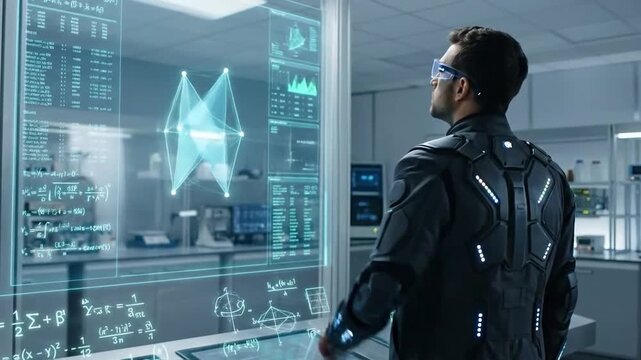 A scientist interacts with an advanced holographic display showing complex equations and three dimensional geometric models in a futuristic laboratory.