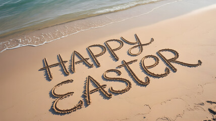 Happy easter message written in sand on a beach