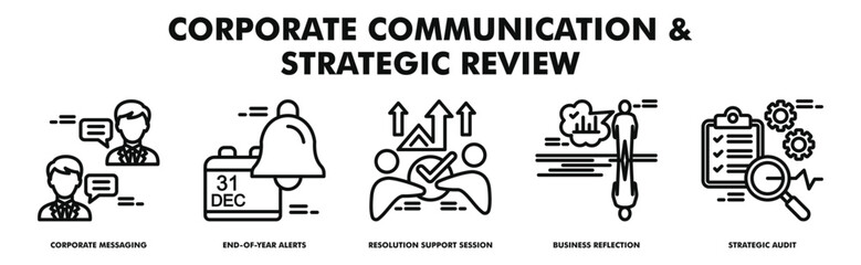 Obraz premium corporate communication and strategic review banner web vector illustration with icons of corporate messaging, end of year alerts, resolution support session, business reflection, strategic audit