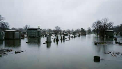 Flooded Neighborhood with Submerged Houses and Trees.
