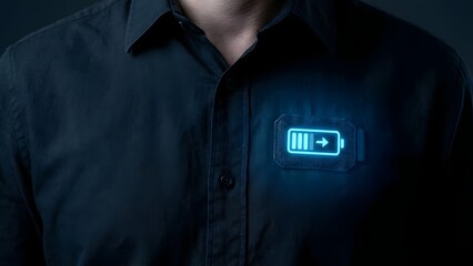 Man with glowing battery icon on shirt.