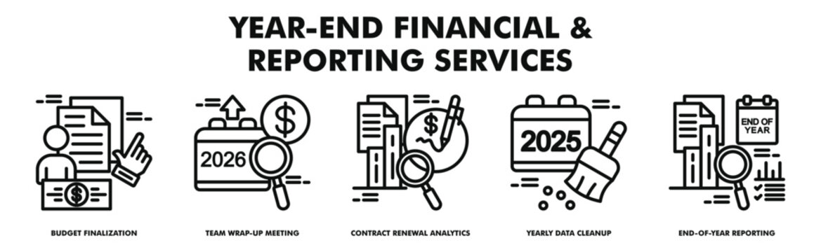 year end financial and reporting services banner web vector illustration with icons of budget finalization, annual tax prep assistance, contract renewal analytics, yearly data cleanup
