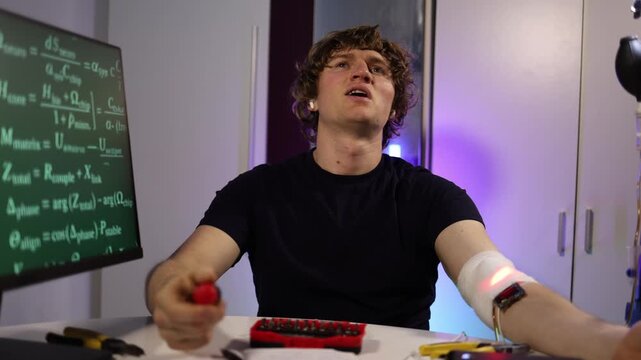 Young engineer tunes glowing arm implant while coding neural systems in futuristic home lab with digital equations tools and focused determination deep creative process