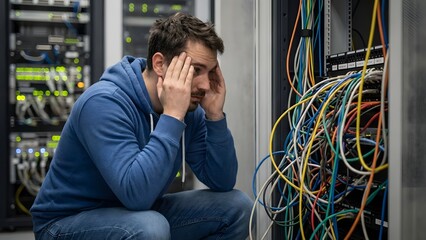 Stressed IT Professional Troubleshooting Server Issues.