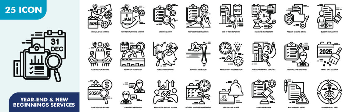Year-end & New Beginnings Services Icon Set Collection. Consist Of annual goal setting, new year planning support, strategic audit, performance evaluation. Simple Vector Illustration.