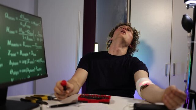 Young engineer adjusts glowing cybernetic arm implant while coding neural systems in futuristic home lab with screens tools and focused determination