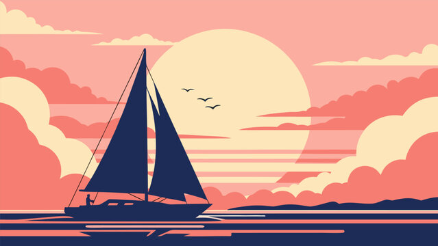 Stylized graphic of a sailboat on calm waters at sunset or sunrise, featuring a vibrant sky with warm pink and orange hues and a large sun