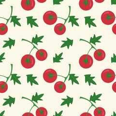 Vegetable pattern with bright red tomatoes on branch on beige background.