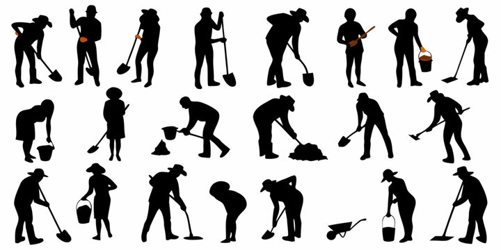 Silhouettes of people cleaning sweeping and gardening in various poses