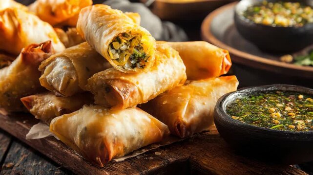 Crispy Golden Spring Rolls Piled on Rustic Wood Board Beside Black Bowl of Green Dipping Sauce Detailed Food Still Life