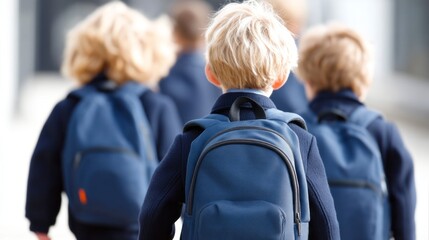A group of enthusiastic young schoolchildren walks together, backpacks bouncing as they chat and laugh. The warmth of a sunny day brightens their cheerful faces in the bustling city