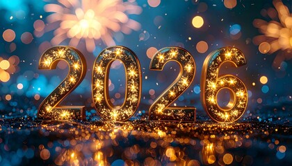 golden 2026 numbers with Fireworks. New Year's concept