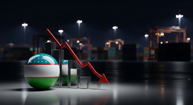 Uzbekistan economy decline graph with flag globe and shipping containers - Powered by Adobe