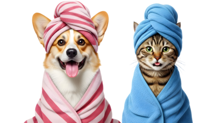 Adorable Corgi dog in pink towel turban and cute tabby cat in blue spa towel, enjoying a pampering bath, isolated on transparent background, perfect for pet care and relaxation concepts.