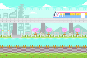 SkyTrain in city with park below and building background in pixel game scene.