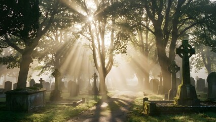 Sunbeams Shining Through Trees in Cemetery.