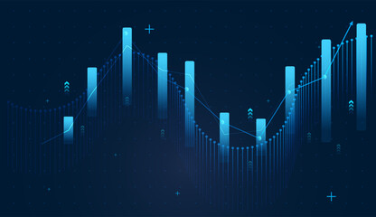 Glowing blue bars rise and fall along a flowing line, visualizing dynamic market cycles and recovery for market up trend. vector illustration