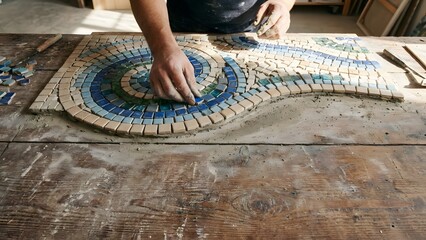 Artist Creating Mosaic Art on Worktable.