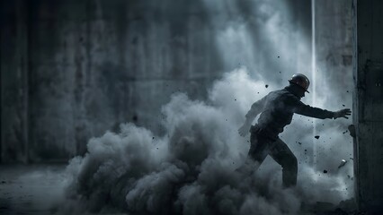 Man Emerging from Smoky Dark Environment.