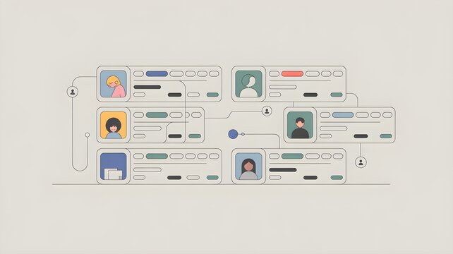 Dashboard-style interface showing user profile card, algorithmic suggestion card, rating badge and connection flow illustrating personalized recommendation process.