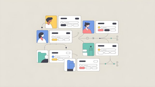 Illustration of user profile card network and algorithmic suggestion flow representing personalized recommendation system and tailored content decision.