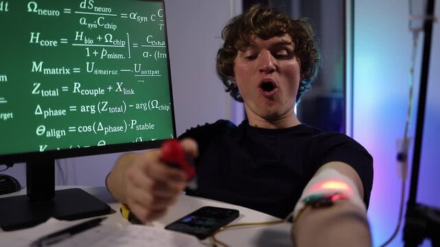 Student conducts risky biohacking experiment adjusting wearable led device on arm in home lab driven by curiosity ambition health science limits and future human potential