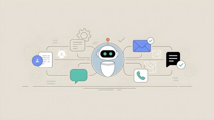 Chatbot icon with message bubble, envelope, phone and gear symbols representing customer service automation and ai-powered support workflow.