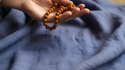 Hand holding wooden prayer beads on fabric.