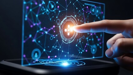 Finger touching glowing futuristic interface with network connections representing data and technology