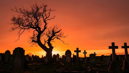 Cemetery Silhouette at Dramatic Sunset Sky.