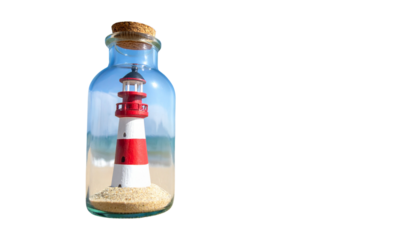A colorful lighthouse is inside a glass bottle on the sand
