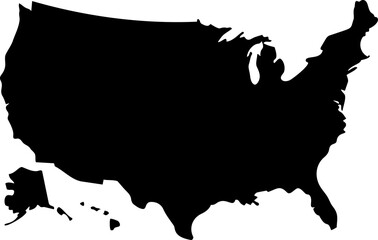 This image features a minimalist silhouette of the United States of America, presented in a bold, solid black color against a stark white background. The graphic includes the Contiguous United States 