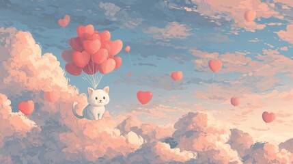 Cute cat with heart balloons floating among clouds on Valentine's Day in a colorful sky