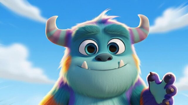 Adorable Furry Creature Waving Hello Under a Bright Sky