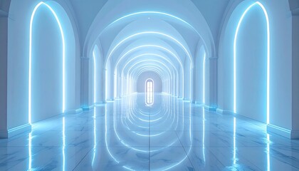 Long, arched corridor bathed in cool blue neon light, leading to a door