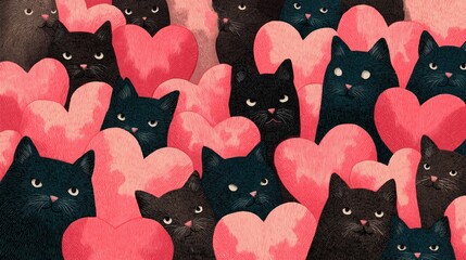 Black cats surround large pink hearts in a colorful design full of charm and playfulness