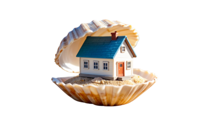 3D illustration of a house in a seashell on a white background