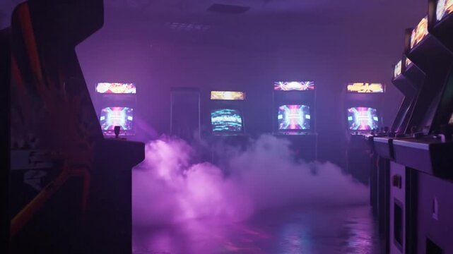 Retro arcade machines glowing purple neon in a dark gaming room.